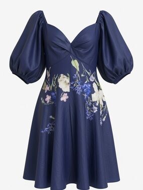 Express Navy Puff-Sleeve Floral Fit-and-Flare Dress